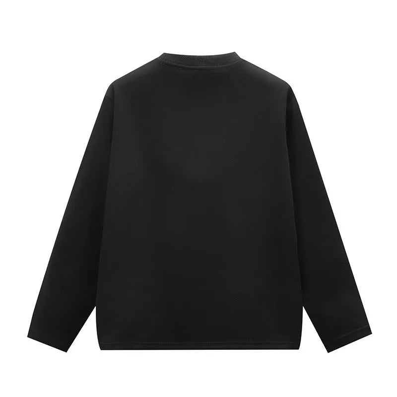 Loose fit long sleeve round neck pullover sweater in solid colour, available in white, black, and grey, sizes M to 5XL.