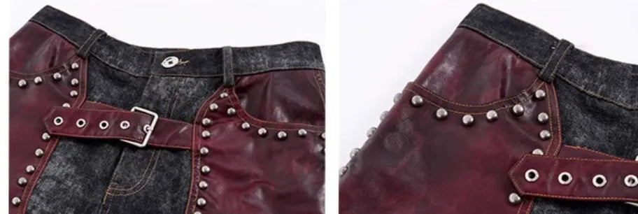 Red special-interest heavy industry rivets leather vest coat set with lapel collar and matching pants