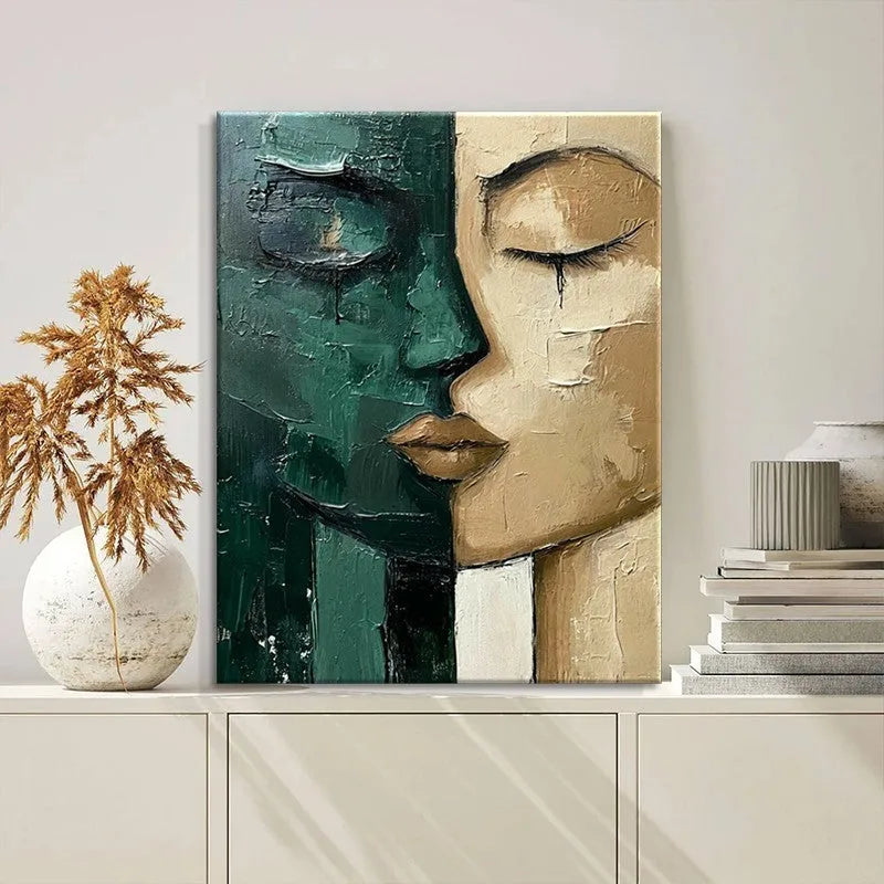 Hand-painted oil painting modern art green and beige face on canvas wall decor