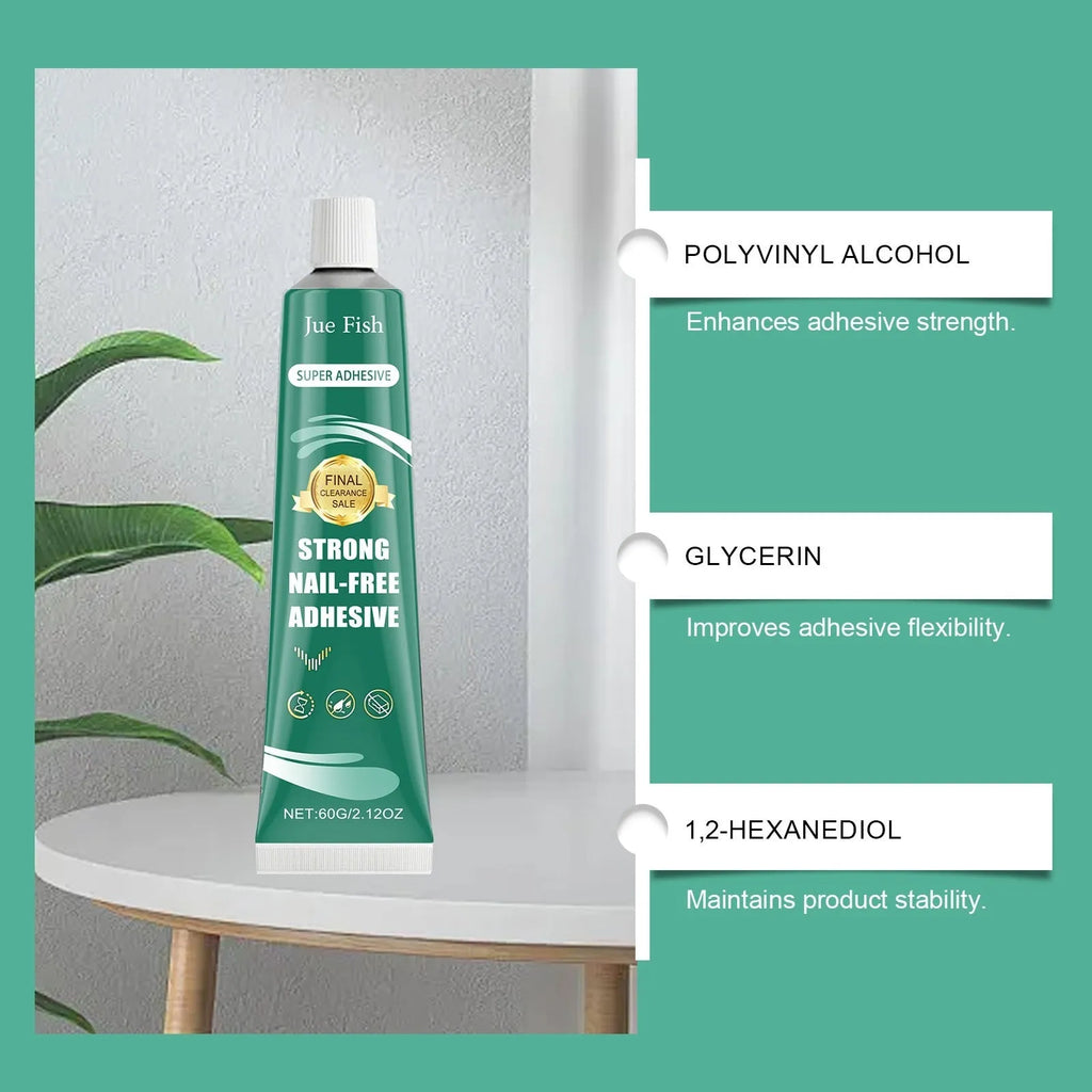100g tube of Strong Nail-Free Adhesive with white label and blue cap on white background