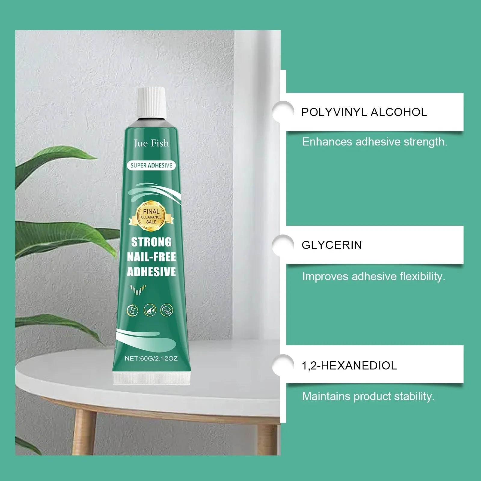 100g tube of Strong Nail-Free Adhesive with white label and blue cap on white background