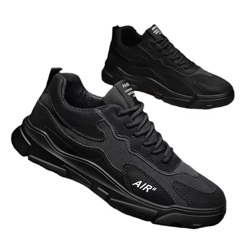 Simple men's black mesh fabric board shoes with lace-up closure for casual daily sports