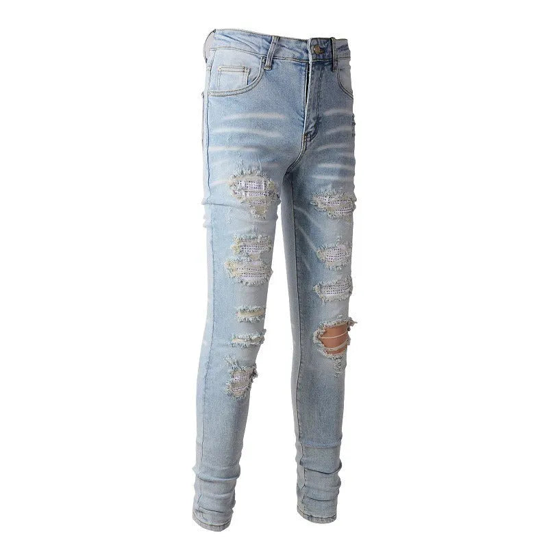 Light blue slim fit stretch jeans for men with hot diamond patch and cat-whisker details