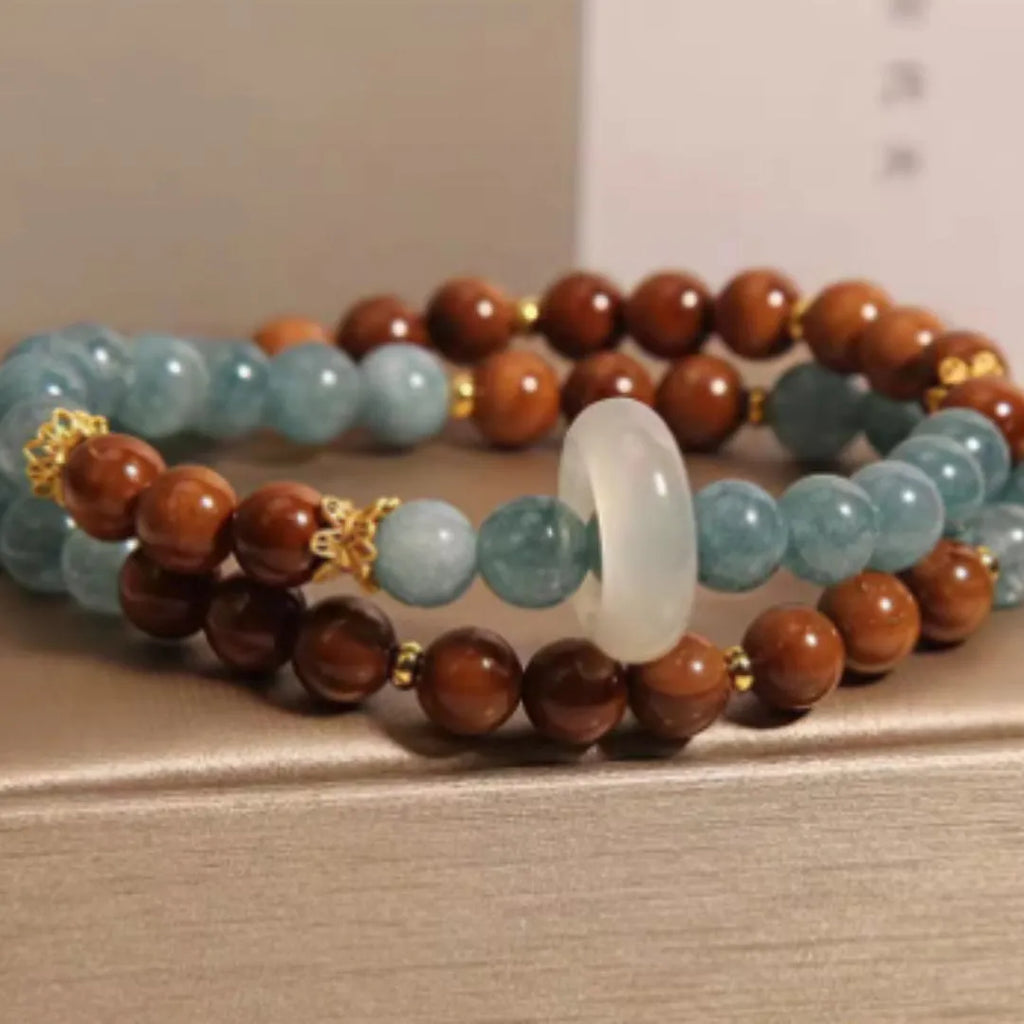 Double ring bracelet for women, natural crystal and semi-precious stone, cook blue water jade colour, electroplated finish