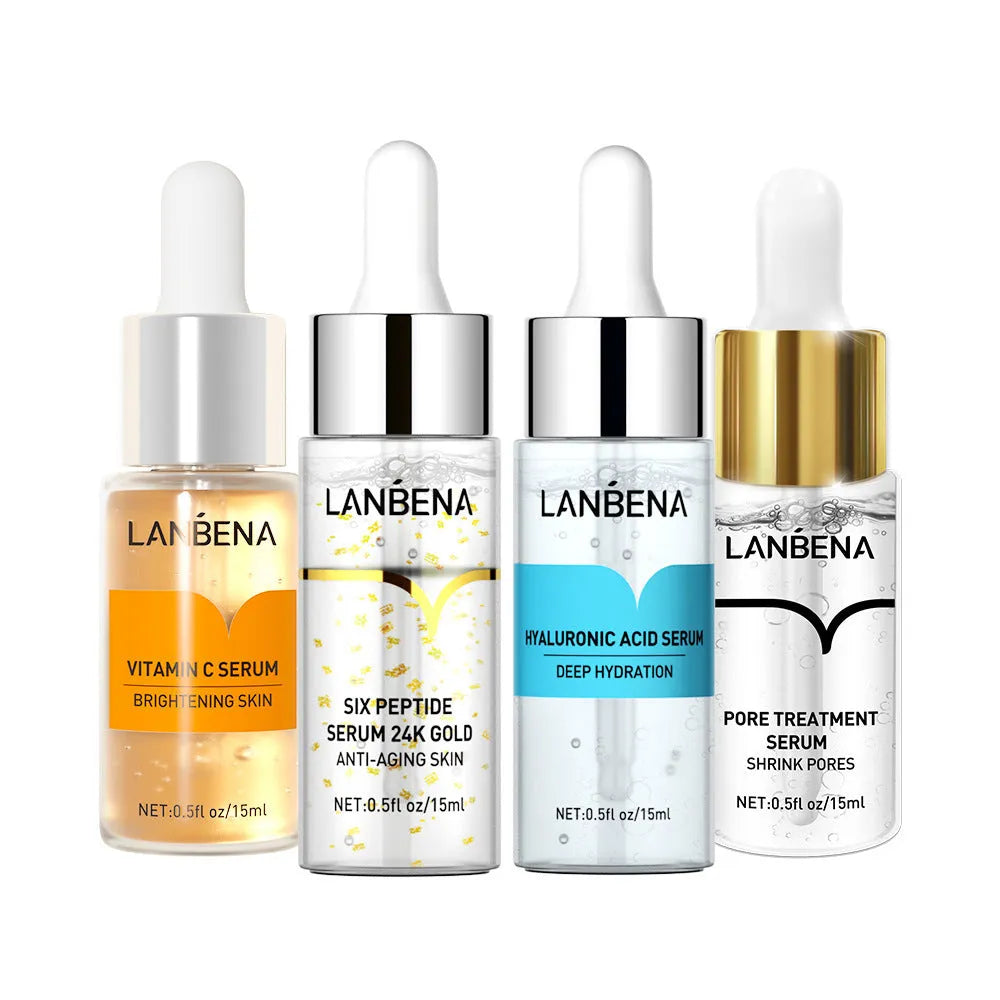 15ml water-based stock solution bottles in hyaluronic acid, VC, 24K polypeptide, and pore variants.