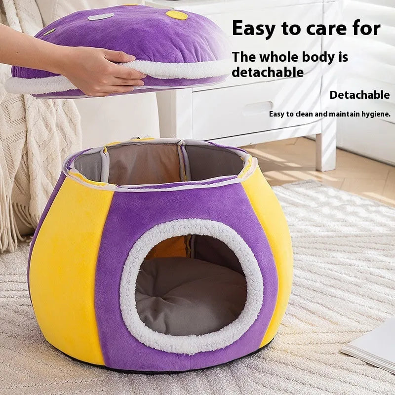 Grey mushroom-shaped cat bed made of thick plush, with a removable blanket inside.