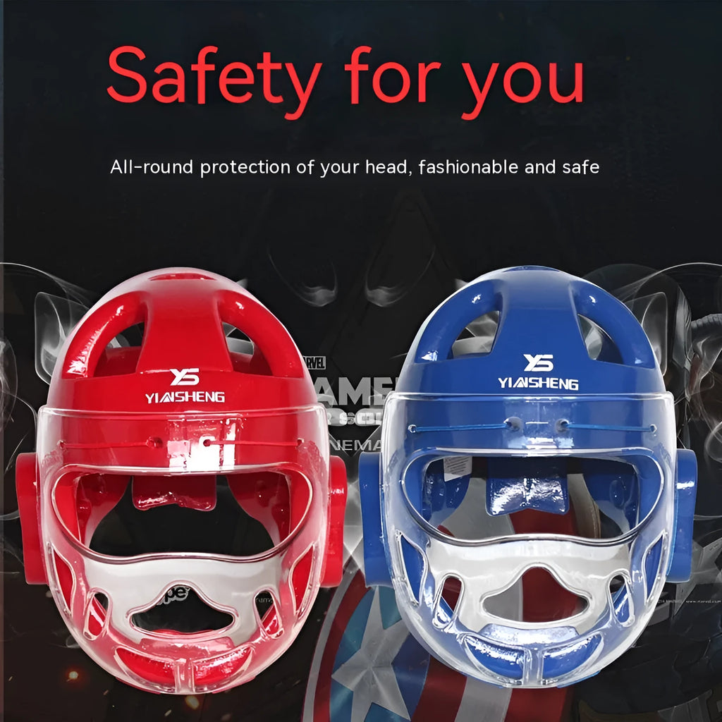 Karate protective helmet for boxing training in multiple colours including white, blue and red variants