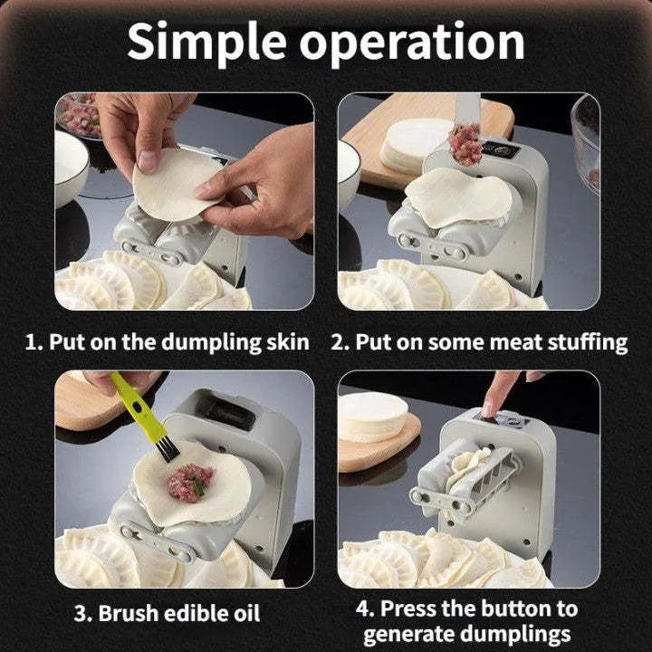 White electric dumpling maker machine with USB charging cable and accessories on kitchen counter