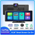 12-inch touchscreen car dash camera unit with front and rear recording cameras on dashboard