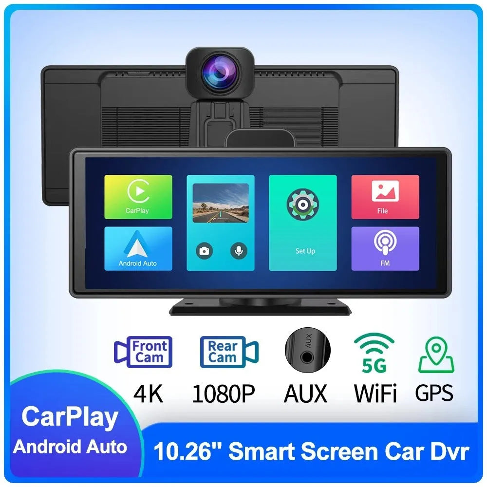 12-inch touchscreen car dash camera unit with front and rear recording cameras on dashboard