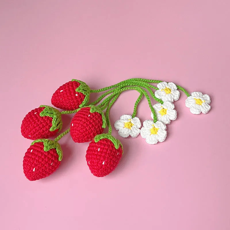 Wool crochet woven strawberry pendant necklace showing knitted texture and single charm design