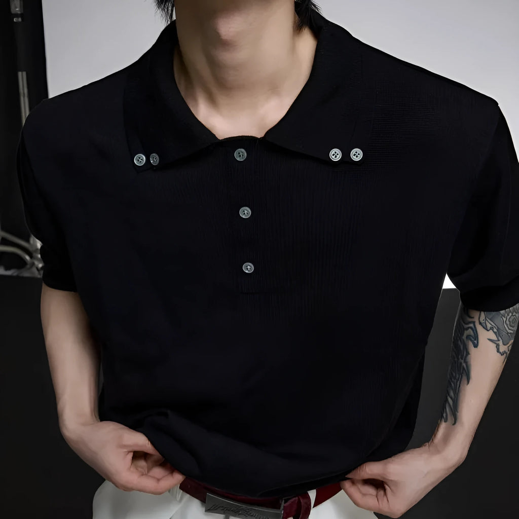 Men's double lapel collar short sleeve shirt in black slim knit polyester fabric
