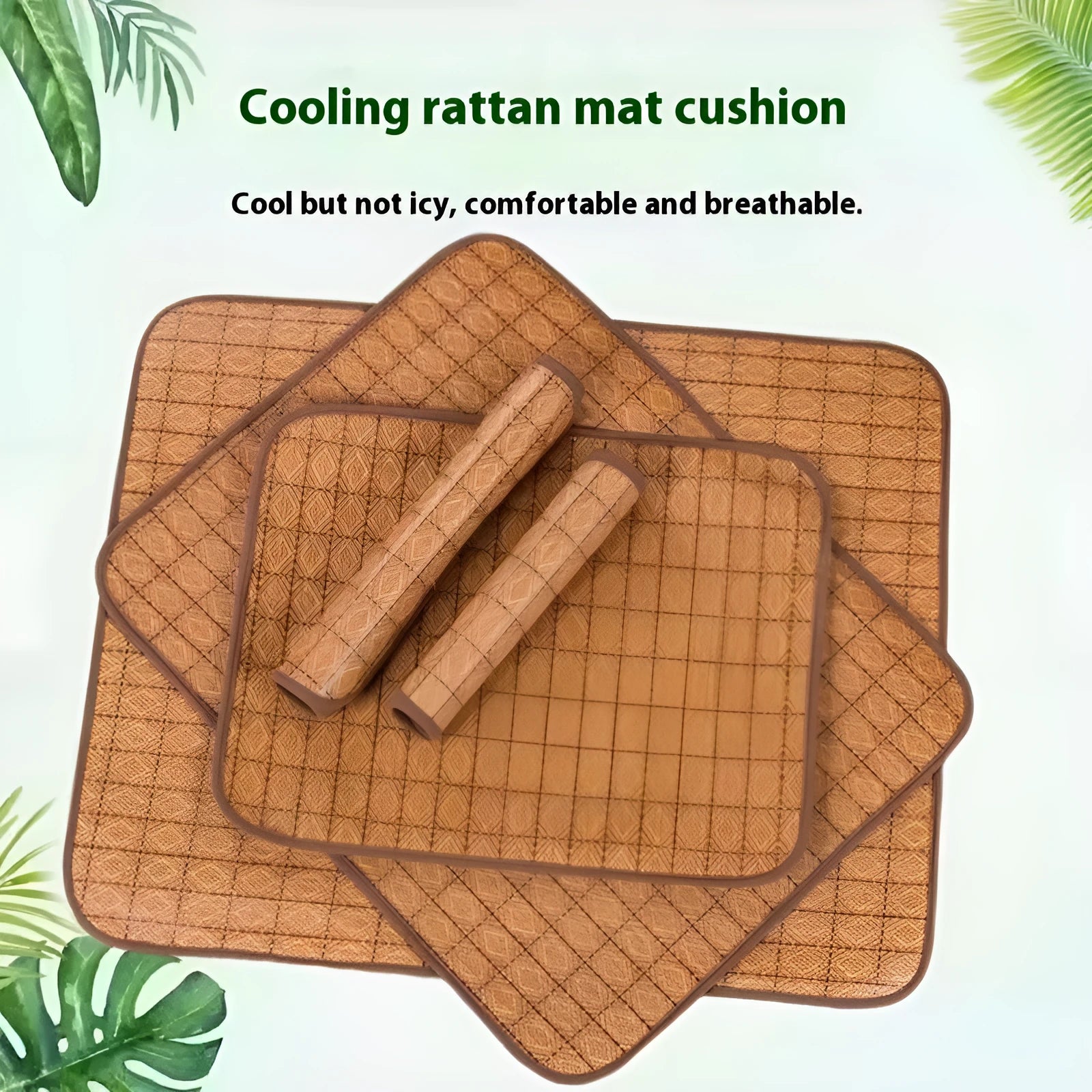 Brown rattan fibre cooling mat for dogs on a wooden floor.