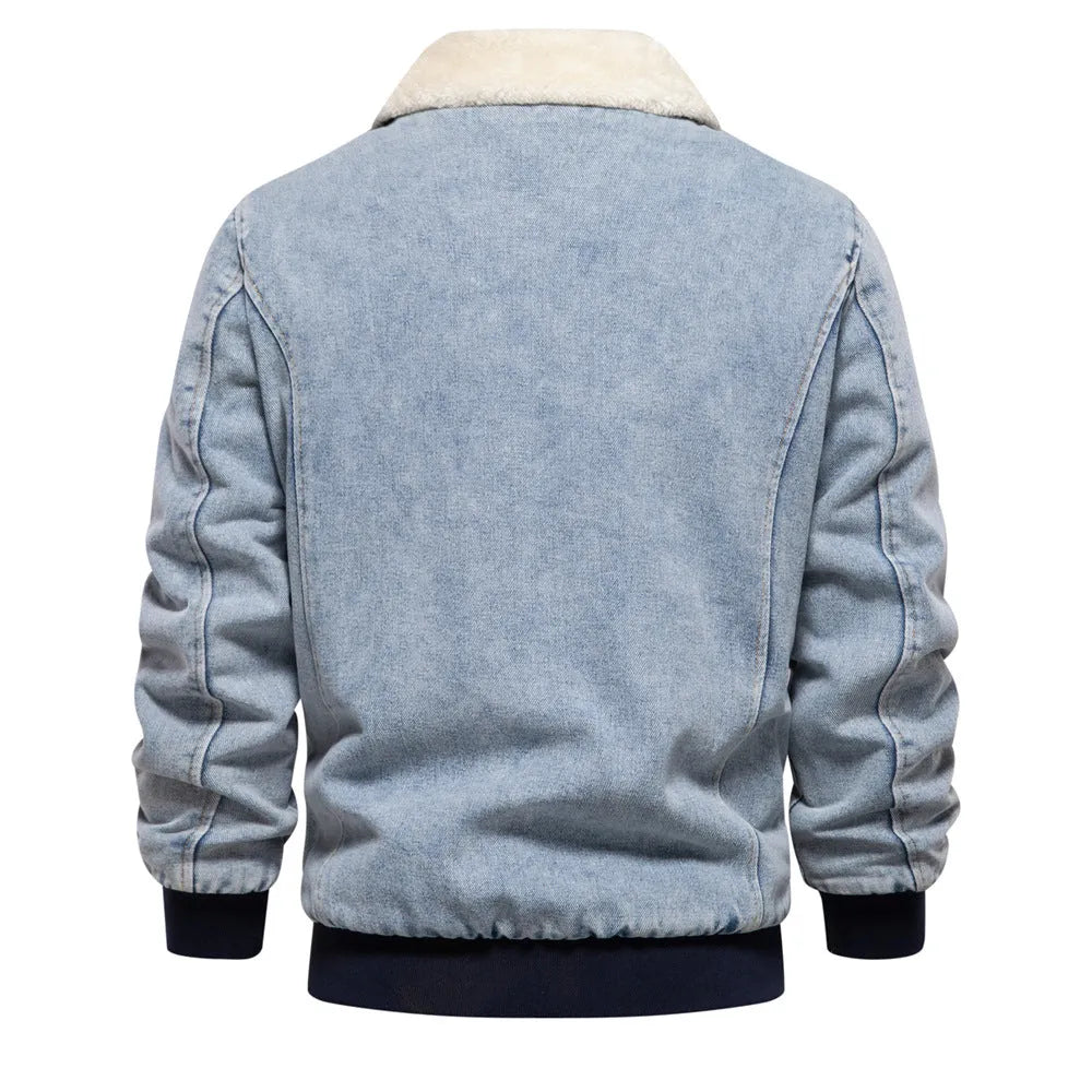 Men's plush denim jacket in dark blue with long sleeves and bag seam pockets