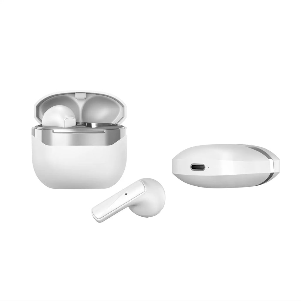 True wireless Bluetooth headset TWS retro style noise reduction in Bright White with earplug fit