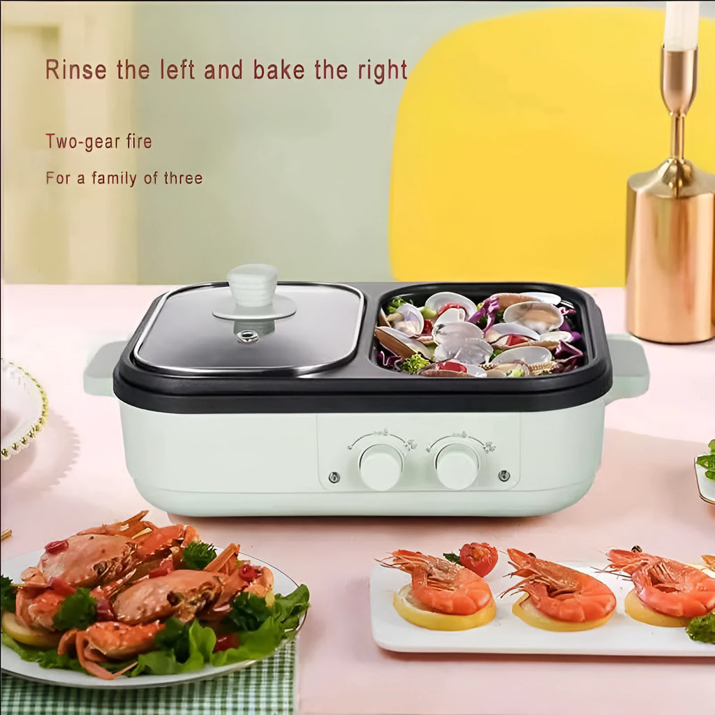 Green electric all-in-one roaster pan with alloy lining and temperature knob, 1-2 person size