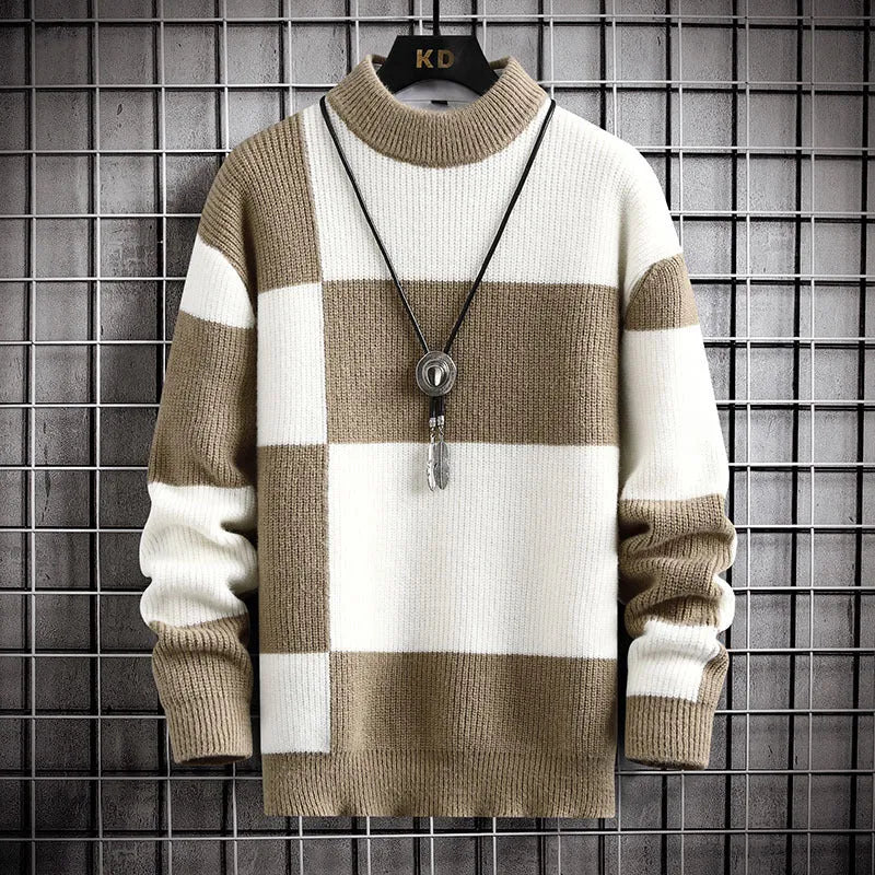 Men's thickened modal cardigan sweater coat in colour-block design, loose fit, front view