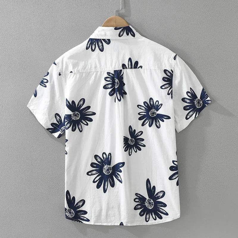 Japanese trendy printed short sleeve shirt in cotton blend fabric, loose fit, white or apricot colour