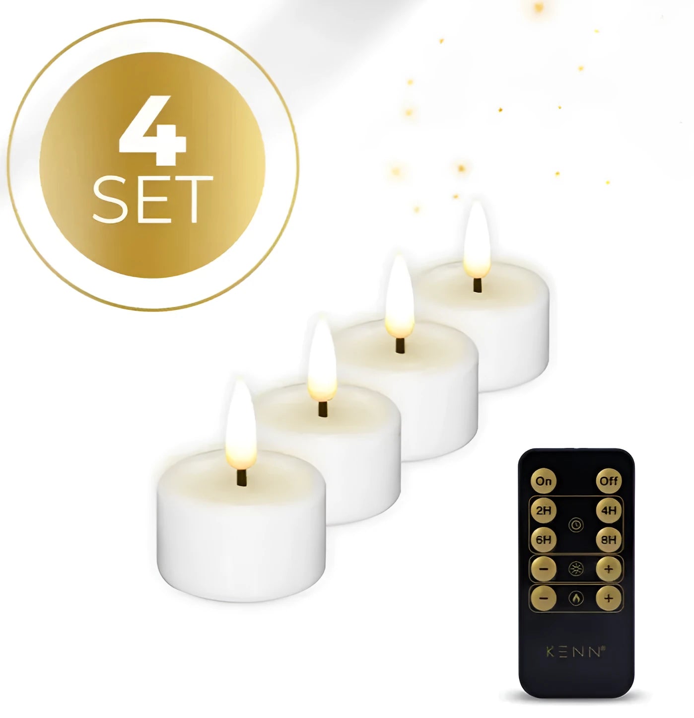 Four white plastic LED tealight candles with flickering flame effect.