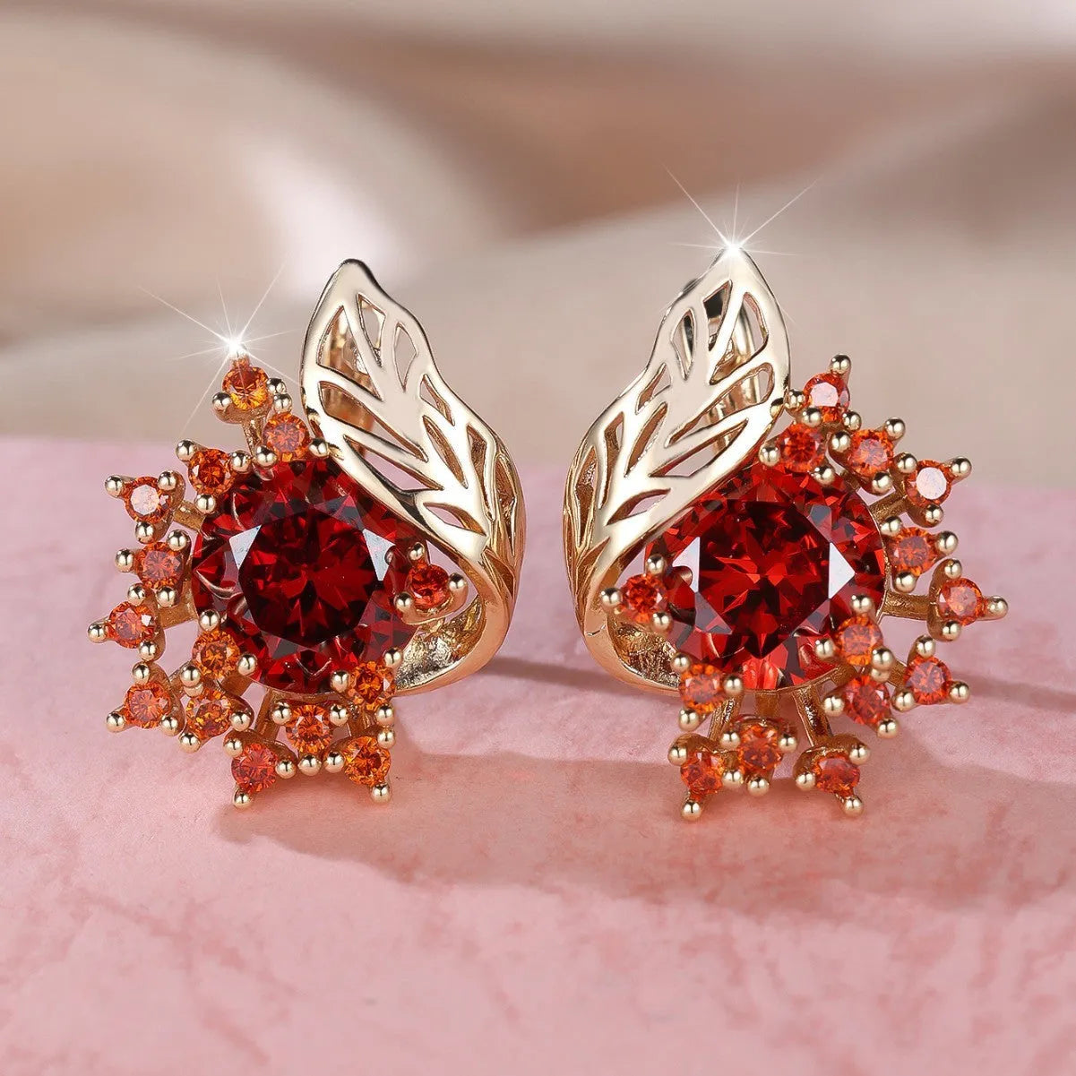 Round flower feather zircon earrings for women in champagne gold copper electroplated natural style