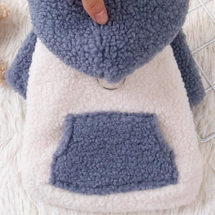 Brown thickened cotton-padded hooded coat on a dog showing hood up and belly fastening