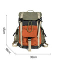 Orange and green contrast colour outdoor backpack with multiple compartments, shown from the side.
