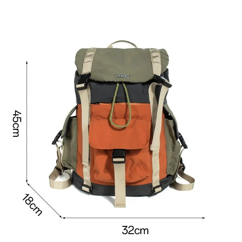 Orange and green contrast colour outdoor backpack with multiple compartments, shown from the side.