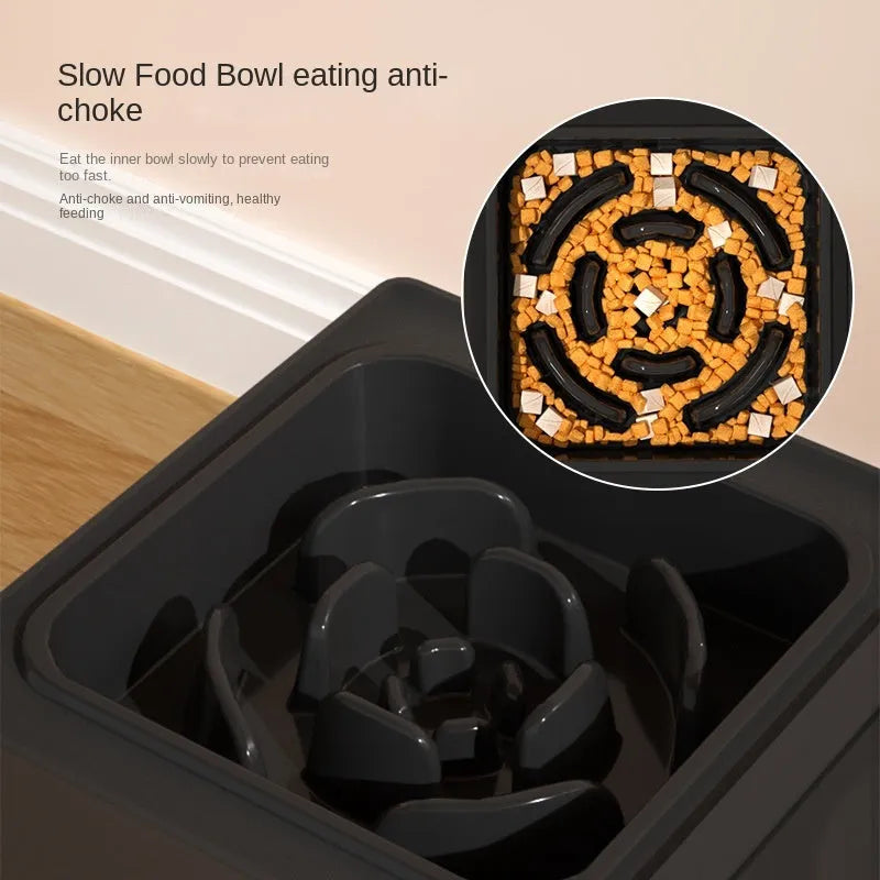 Black adjustable-height dog feeding stand with two stainless steel bowls on a non-slip base