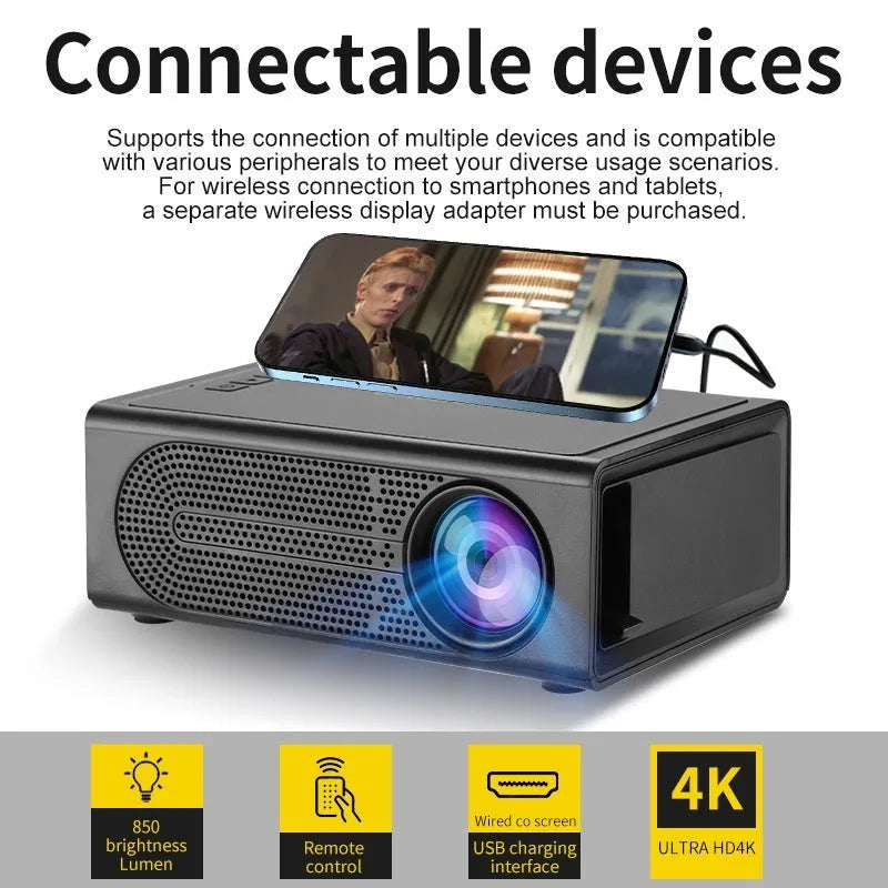 Black portable mini projector with wired connection cable for mobile phone screen mirroring