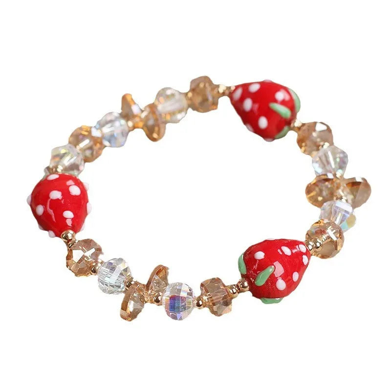 Red hand painted strawberry beaded bracelet for women with artificial crystal beads