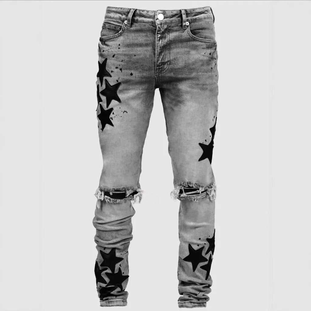 Men's slim stretch jeans with embroidery detailing in grey, blue, and light blue colour options