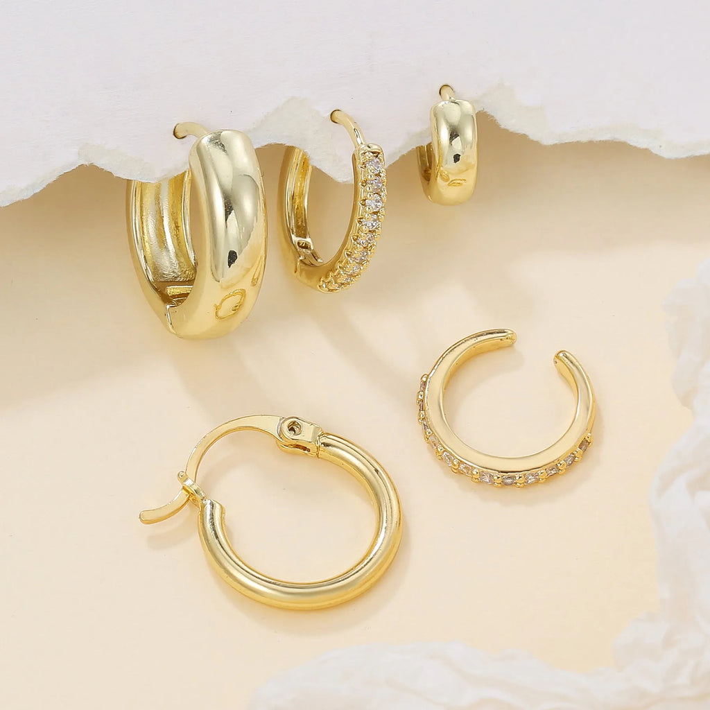 Inlaid zircon round geometric stud earrings set of five copper base gold and white K tones for women