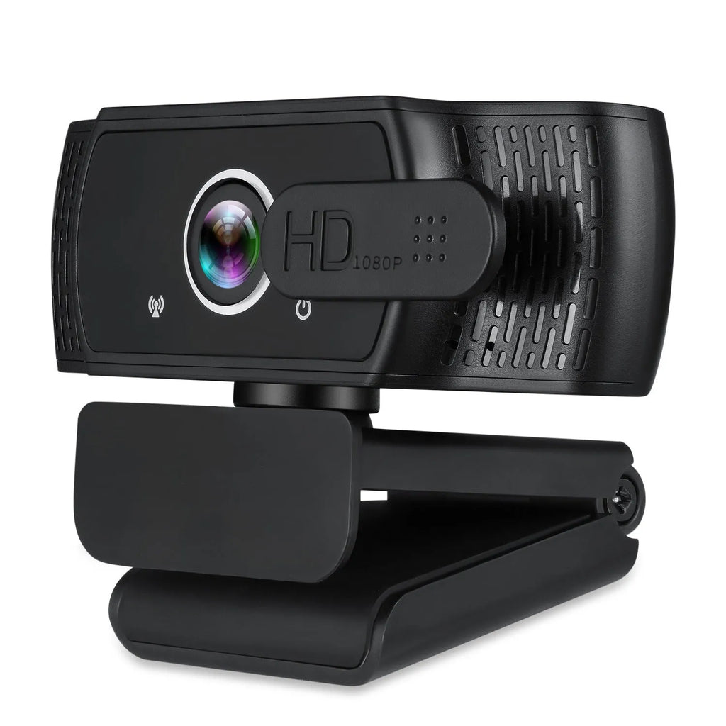 Black USB webcam with built-in microphone and adjustable clip for laptop or monitor.