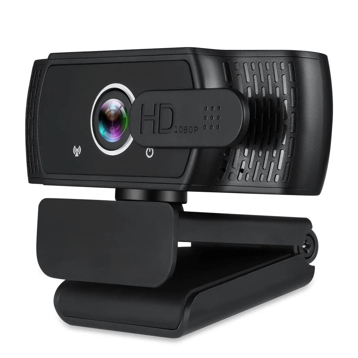 Black USB webcam with built-in microphone and adjustable clip for laptop or monitor.