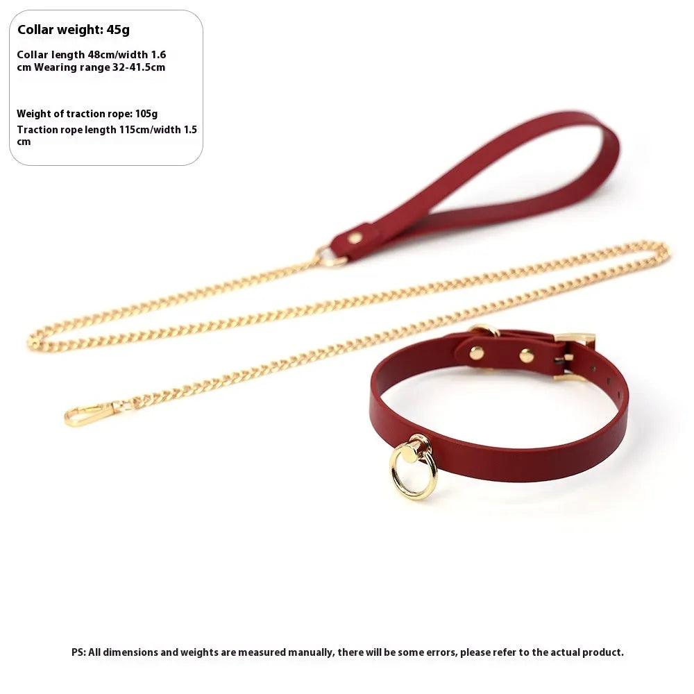 Genuine cowhide leather dog collar with chain lead in black and red colour options