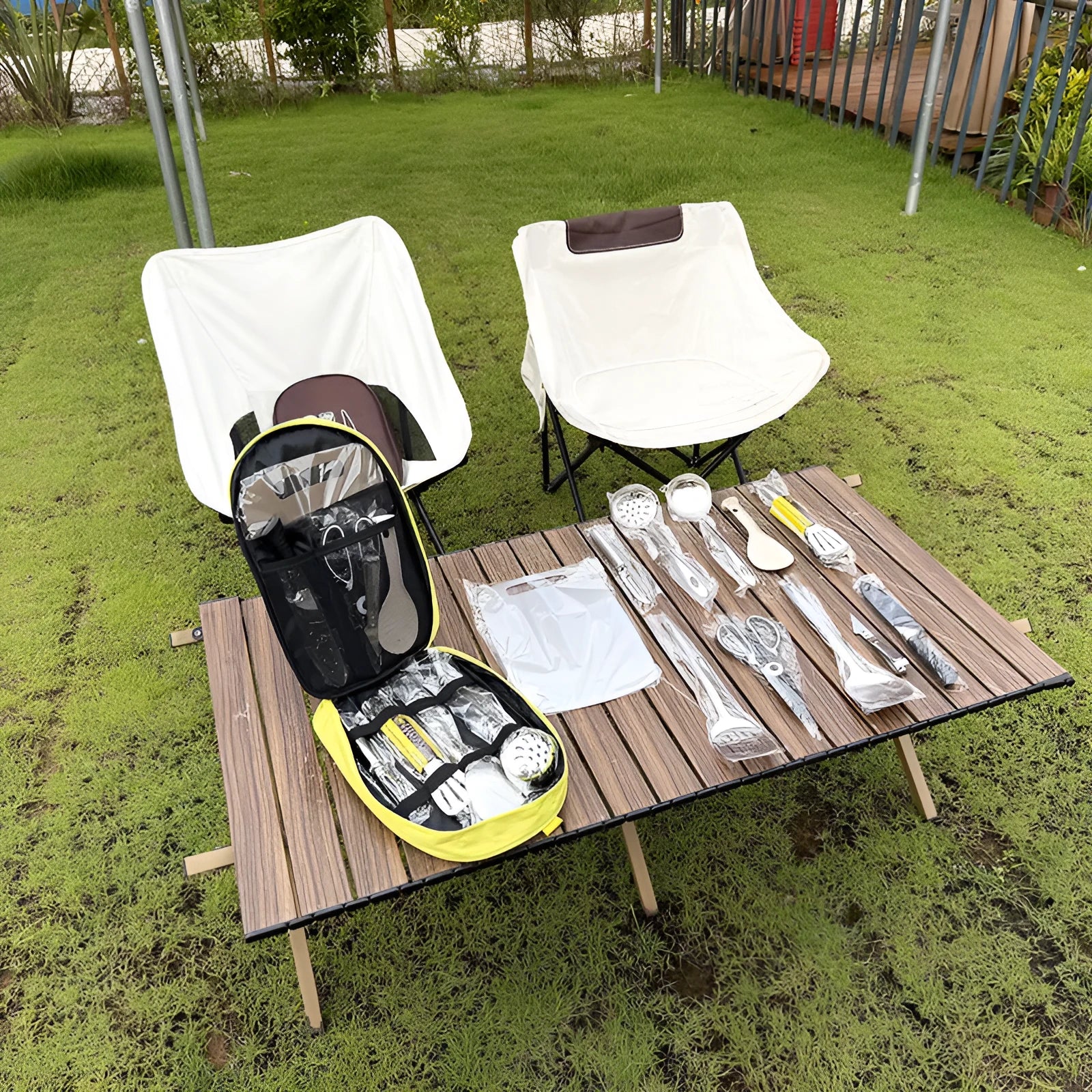 12 piece stainless steel picnic kitchenware set in portable storage bag for outdoor dining