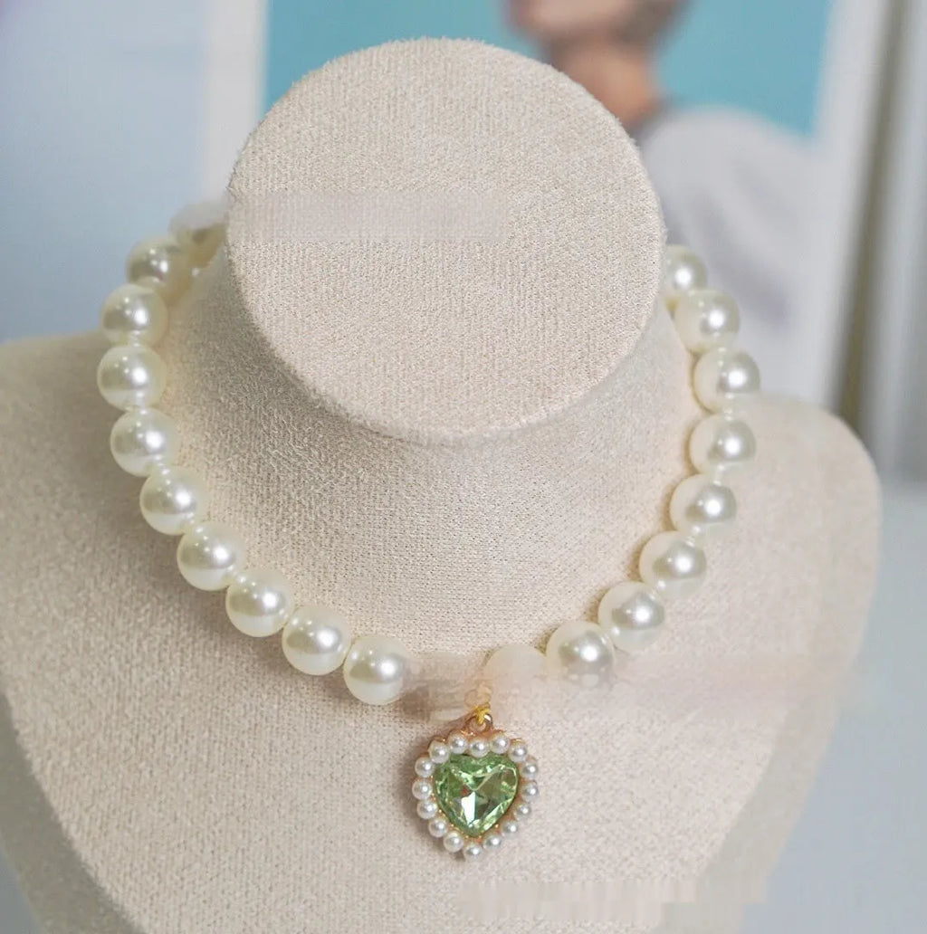 Plastic alloy resin pearl necklace cat collar with love gem charm in multiple colours