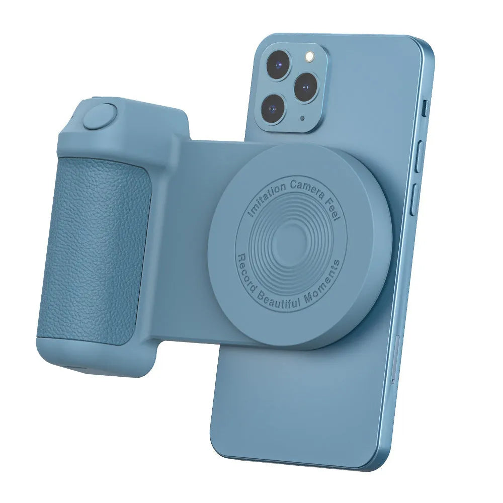 Black magnetic phone camera holder with rotatable grip and ergonomic PU leather handle