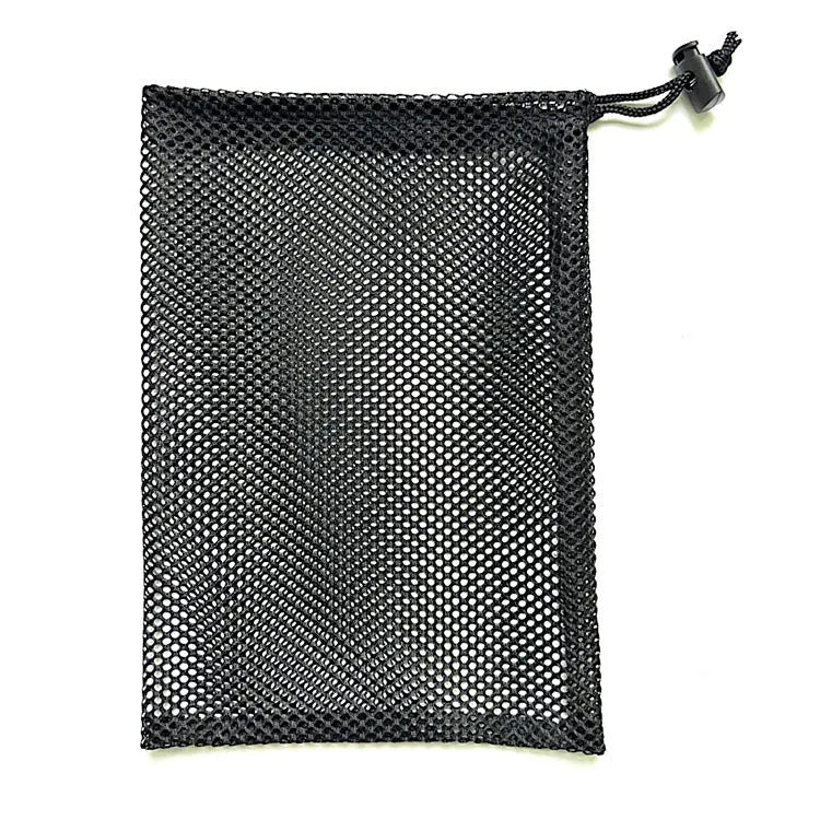 Black mesh drawstring storage bag with a 5mm grid, shown in three available sizes for children's water toys.