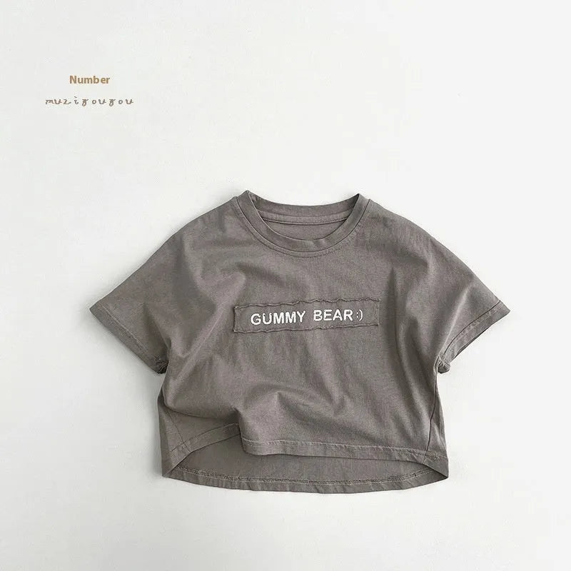 Children's short-sleeve cotton T-shirt in apricot and gray, loose casual fit, suitable for 80-130cm height kids