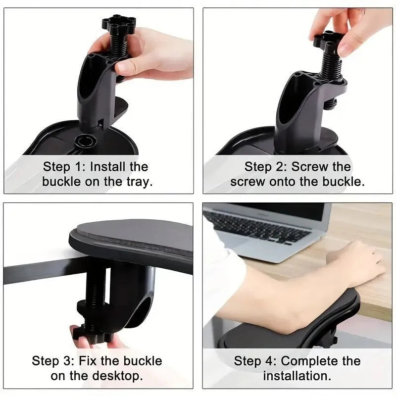 Black plastic computer hand bracket wrist support with modern simplicity style on a white desk surface
