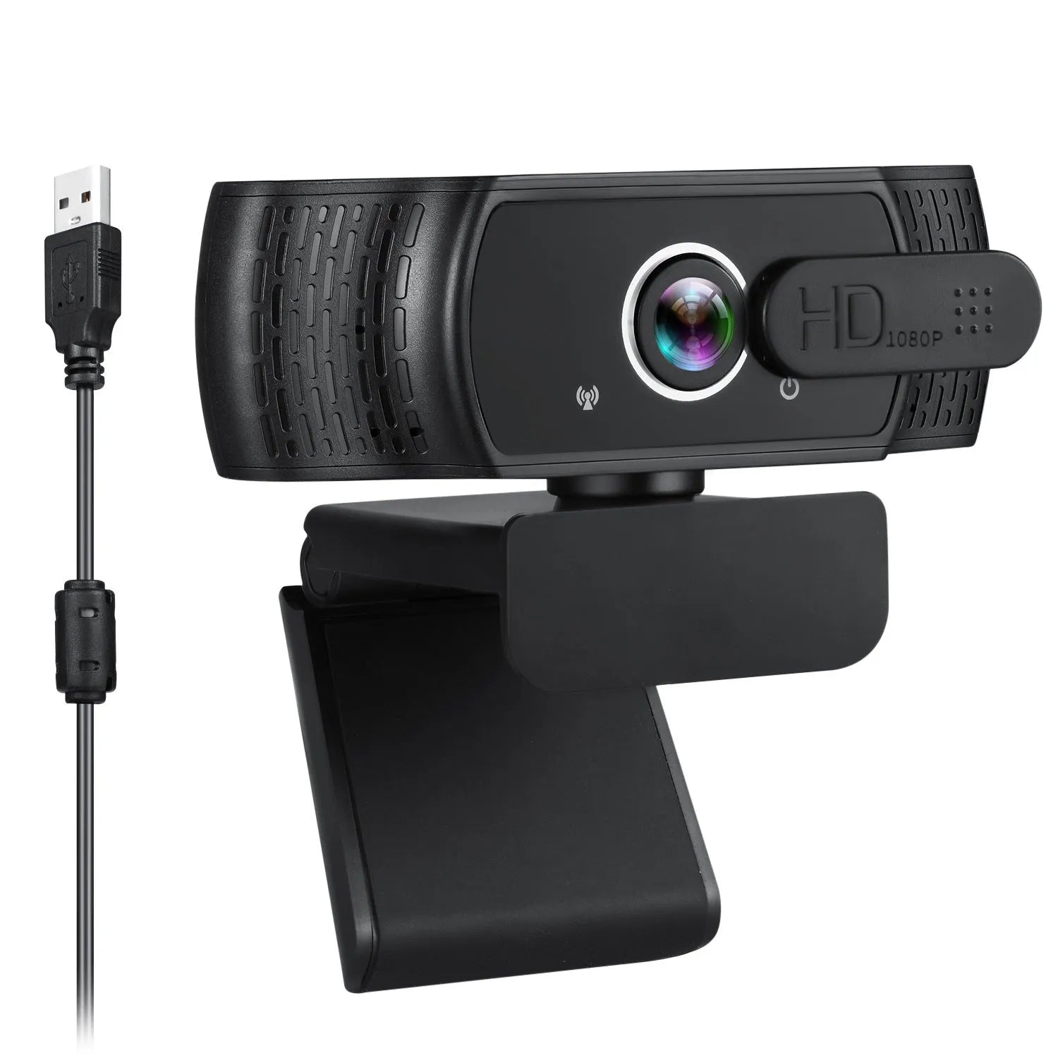 Black USB webcam with built-in microphone and adjustable clip for laptop or monitor.