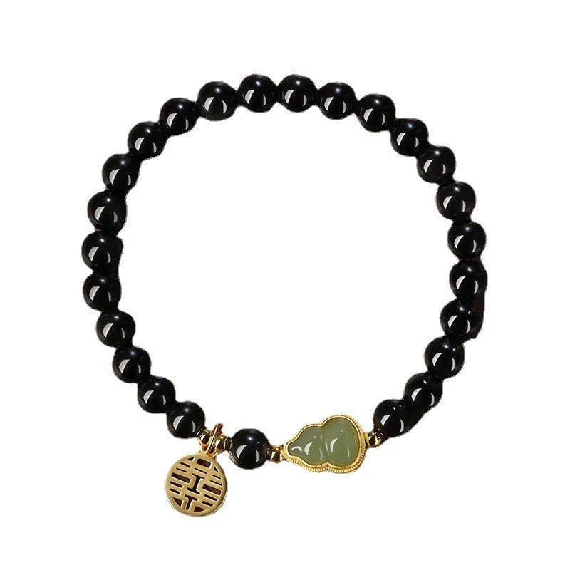 Black obsidian bracelet with Hetian jade gourd charm in 6mm, 8mm, or 10mm bead sizes