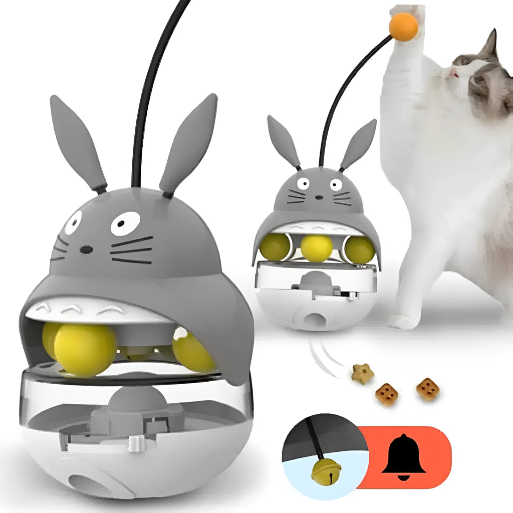 Interactive cat feeder toy treat dispenser with sounding bell in Brown Gray Pink White colours