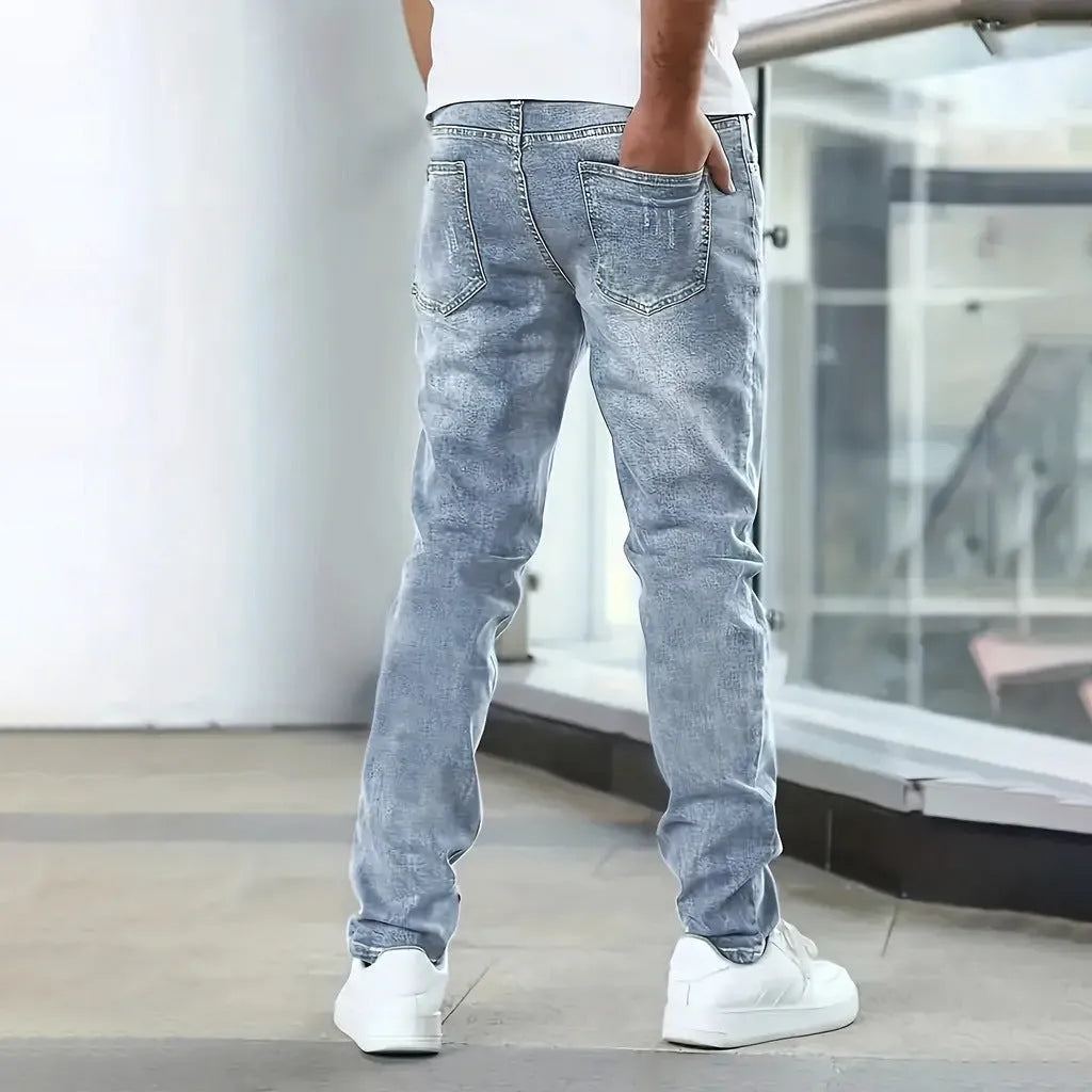 Men's straight leg stretch jeans in black, dark blue and grey solid colours with skinny fit