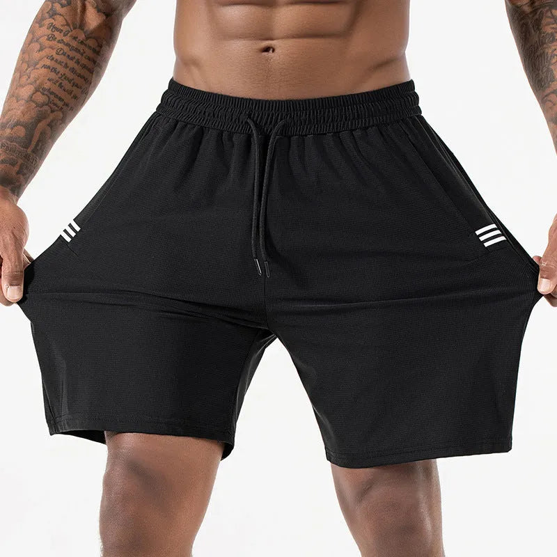 Men's black ice silk nylon sports shorts with high waist and cropped length
