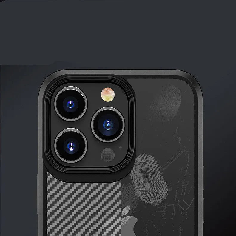 iPhone 13 protective case in black with carbon fibre pattern showing TPU and PC construction
