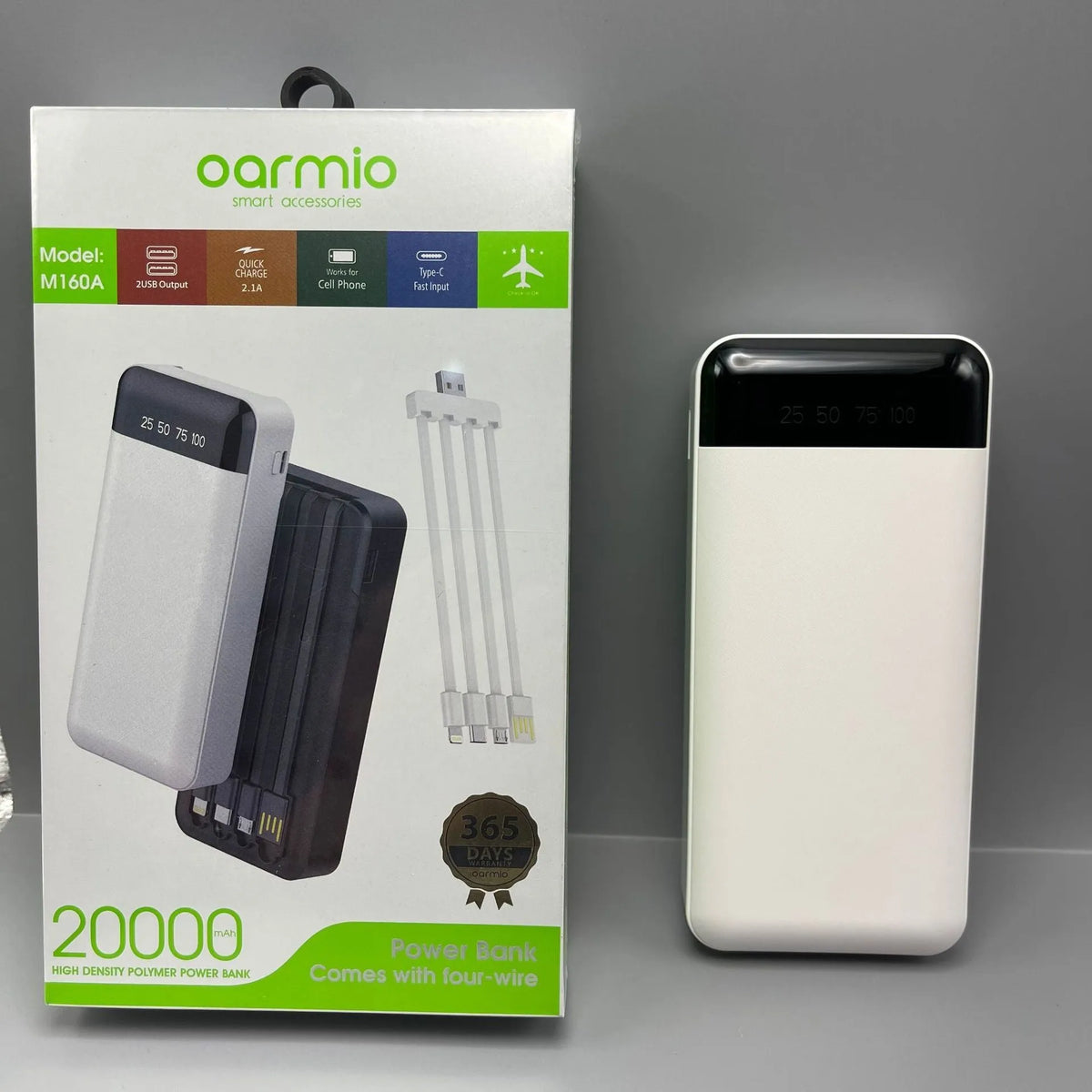 Oarmio 20000mAh portable power bank with four built-in cables and PVC shell in standard colour