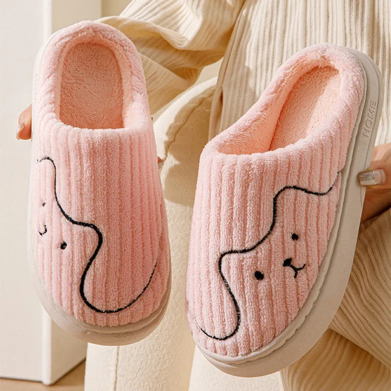 Striped cat slippers plush upper rubber sole non-slip indoor house shoes