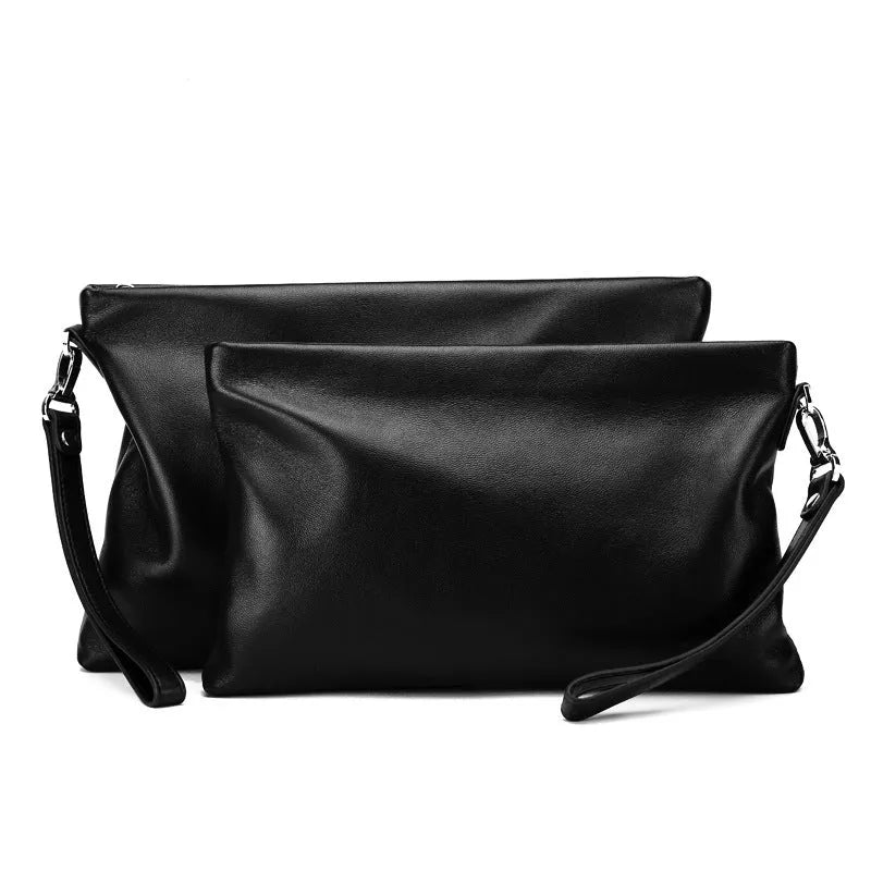 Men's genuine leather casual clutch bag in solid colour, multiple size options for business commute